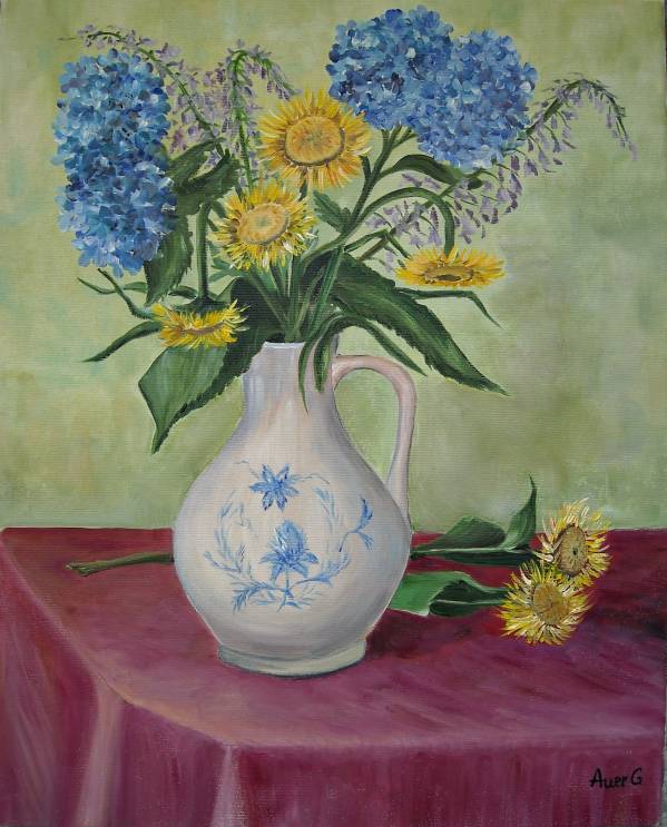 „Vaza cu flori de camp si hortensii albastre” de Gabriela Auer